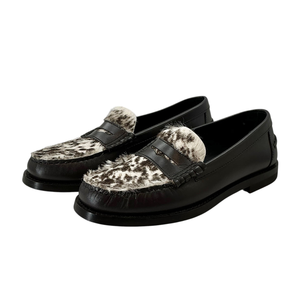 Tod's Iniez Black Leather & Spotted Pony Hair Penny Loafers
