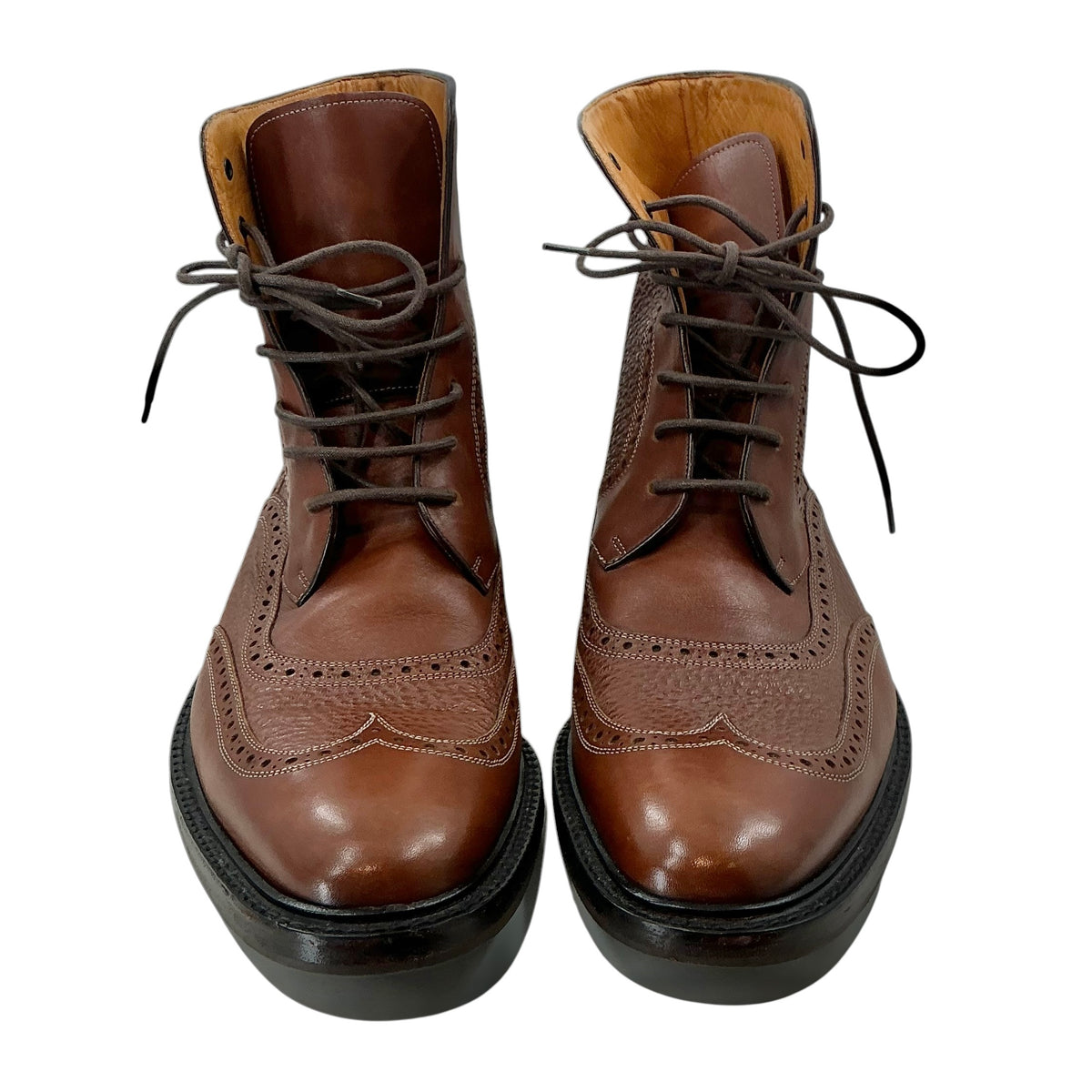 Gucci Men's Tan Brown Pebble Grain Mixed Leather Wingtip Brogue Oxford Lace Up Boots