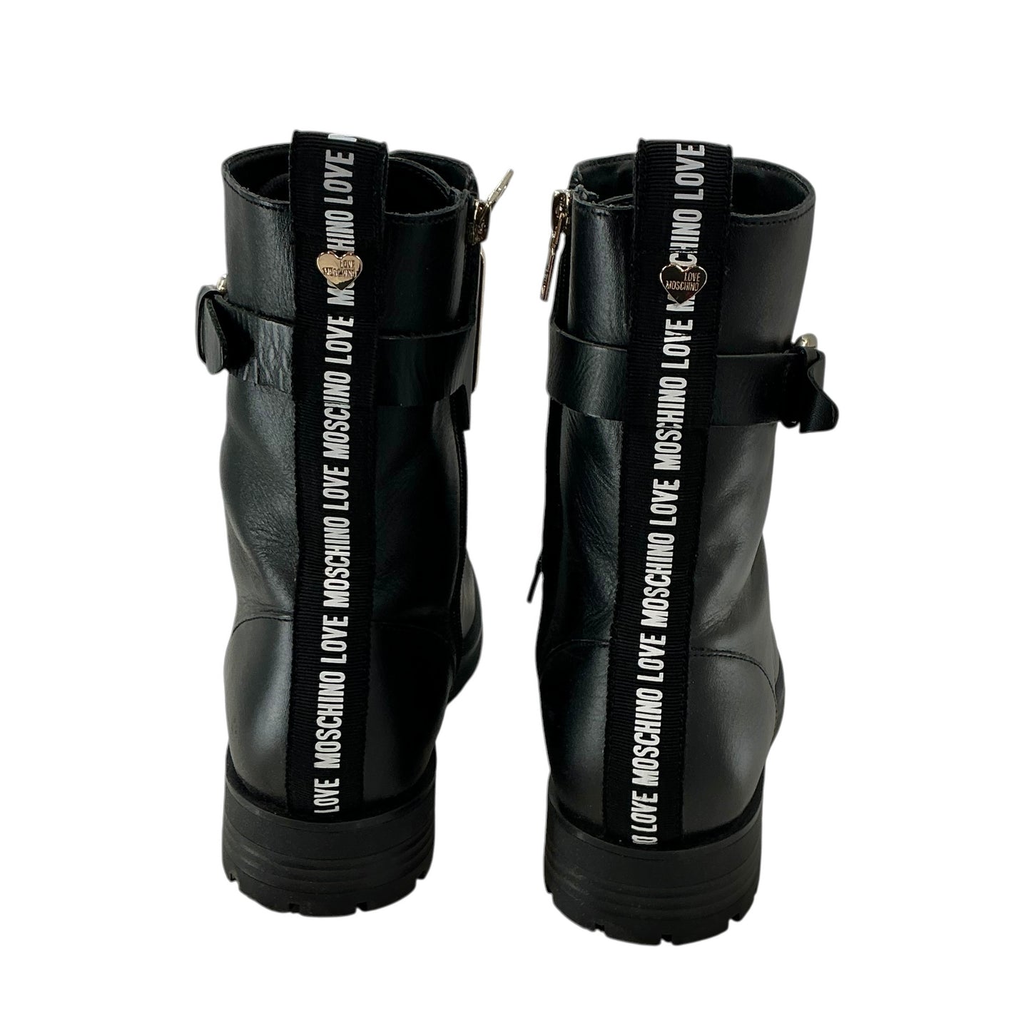 Love Moschino Black Leather LM Logo Combat Boots