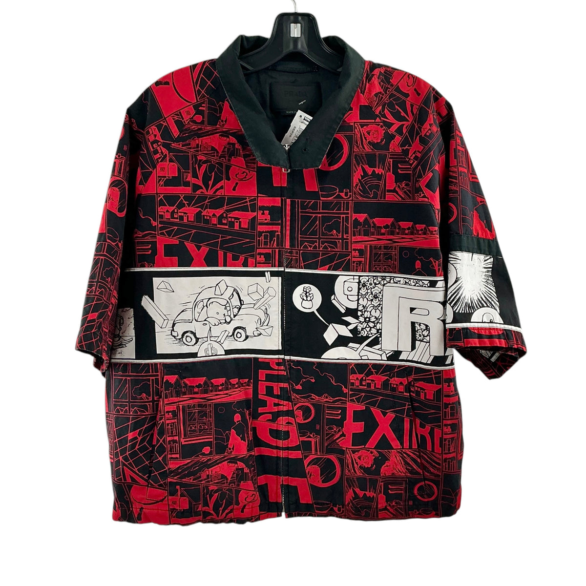 Prada SS18 Comic Graphic Print Short-Sleeve Zip-Up Jacket Shirt