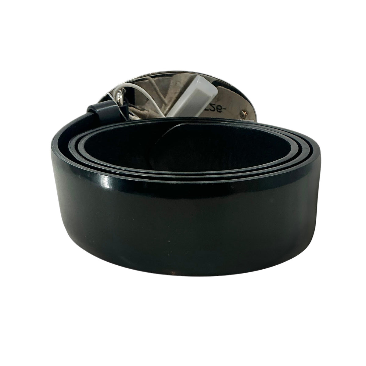Prada Black Leather Belt with Silver Oval Logo Plaque Buckle
