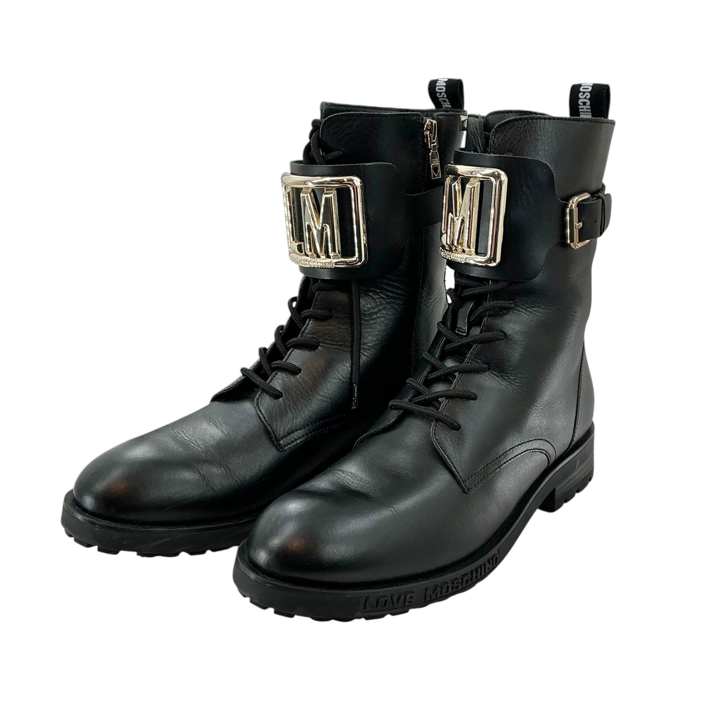 Love Moschino Black Leather LM Logo Combat Boots