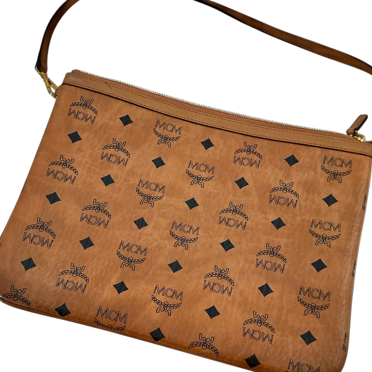 MCM Visetos Medium Aren Flat Pouch Bag – Cognac