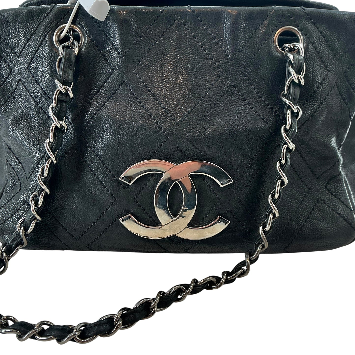 Chanel Vintage Black Diamond Stitch Leather Bowler Bag