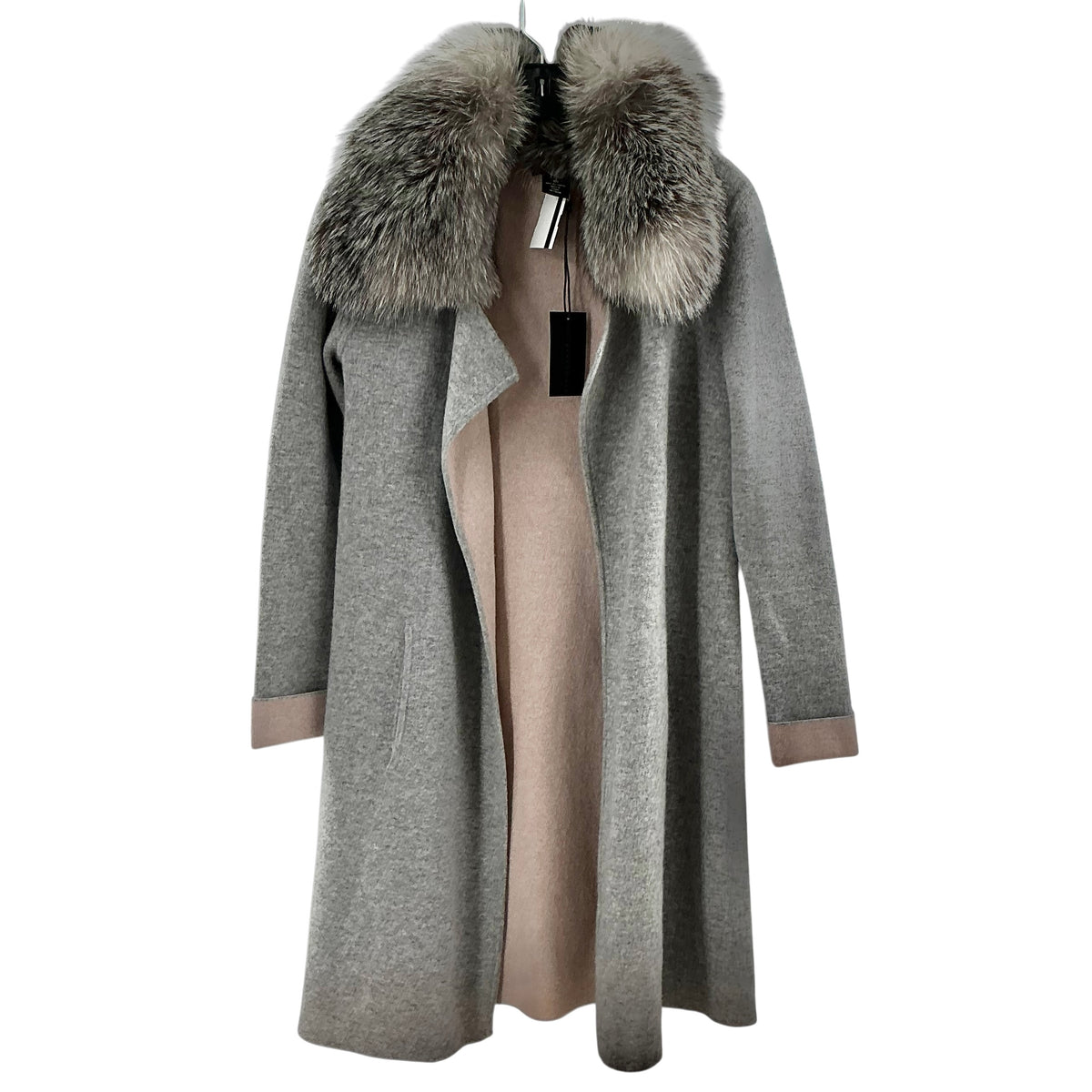 Sofia Cashmere Grey Reversible Wool Coat with Fox Fur Collar