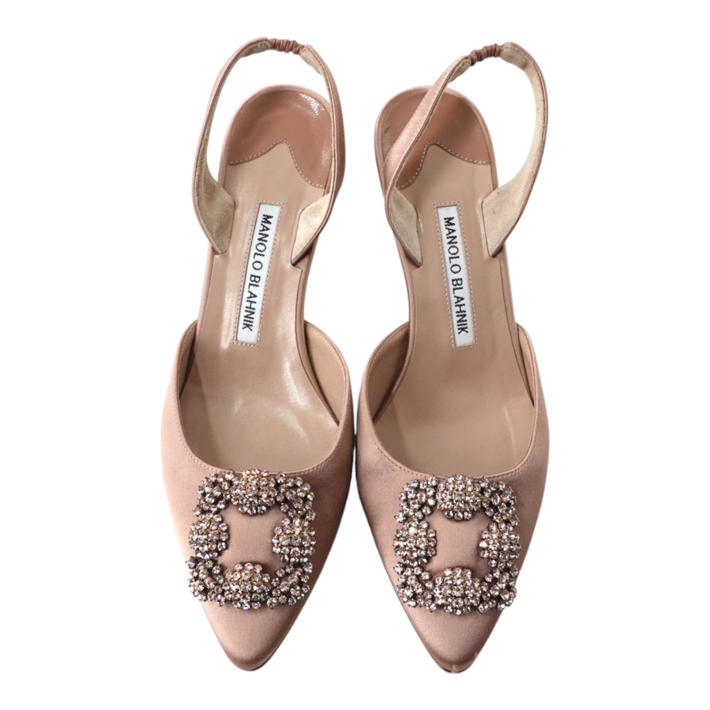 Manolo Blahnik Hangisi Crystal Buckle Satin Slingback Heels