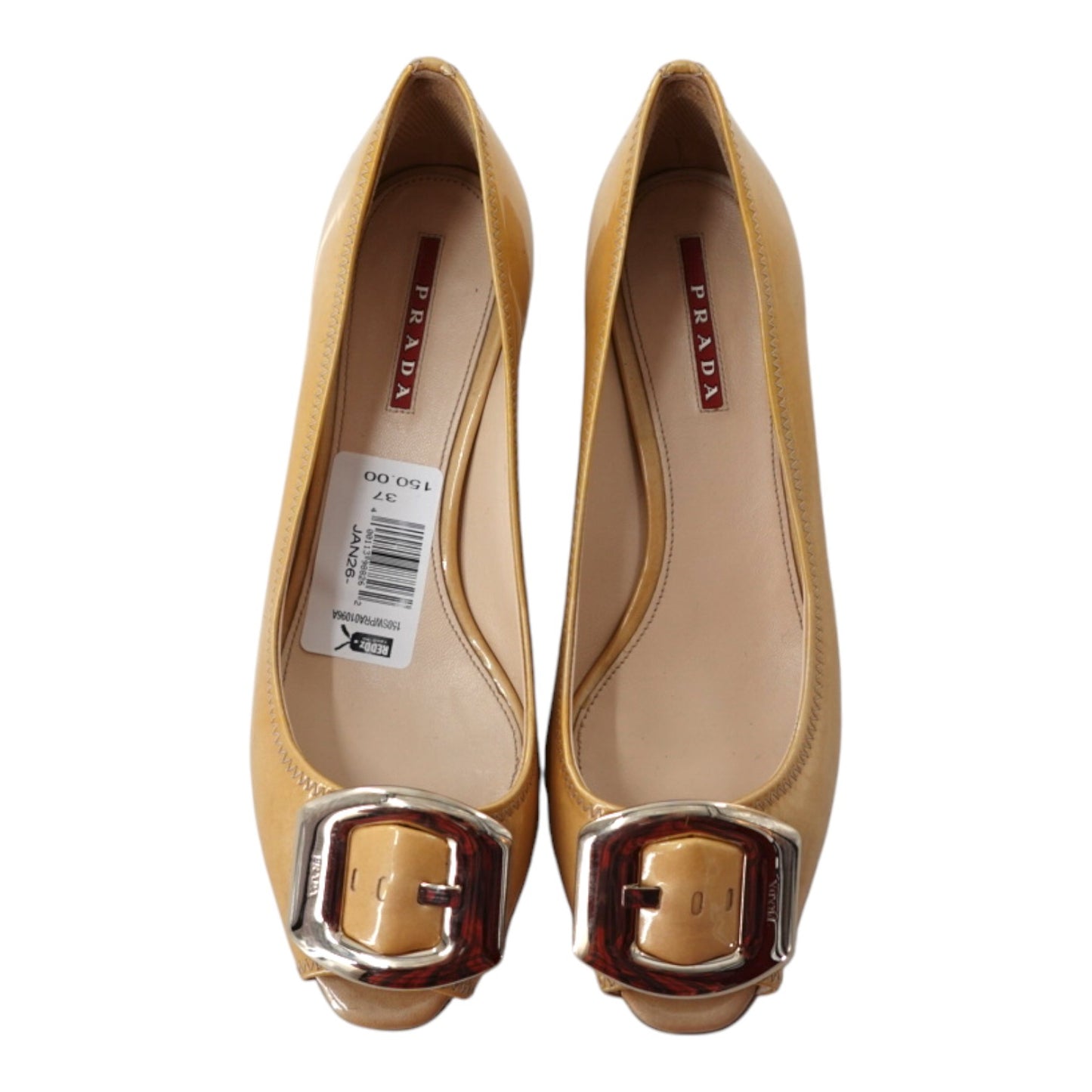 Prada Beige Patent Leather Peep Toe Heels
