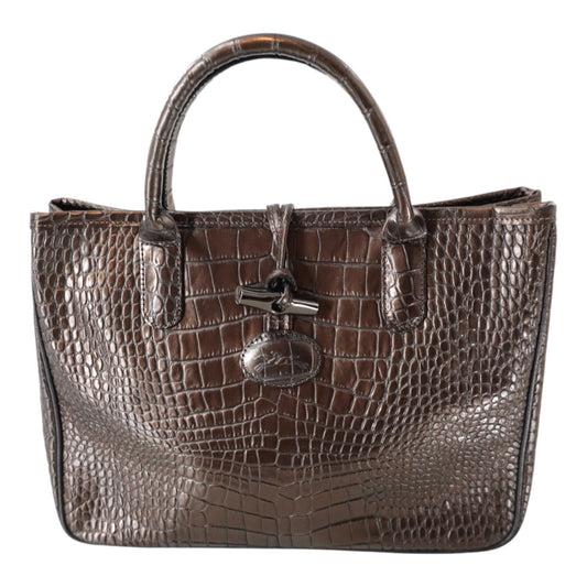 Longchamp Brown Croc-Embossed Calfskin Roseau Collection Tote