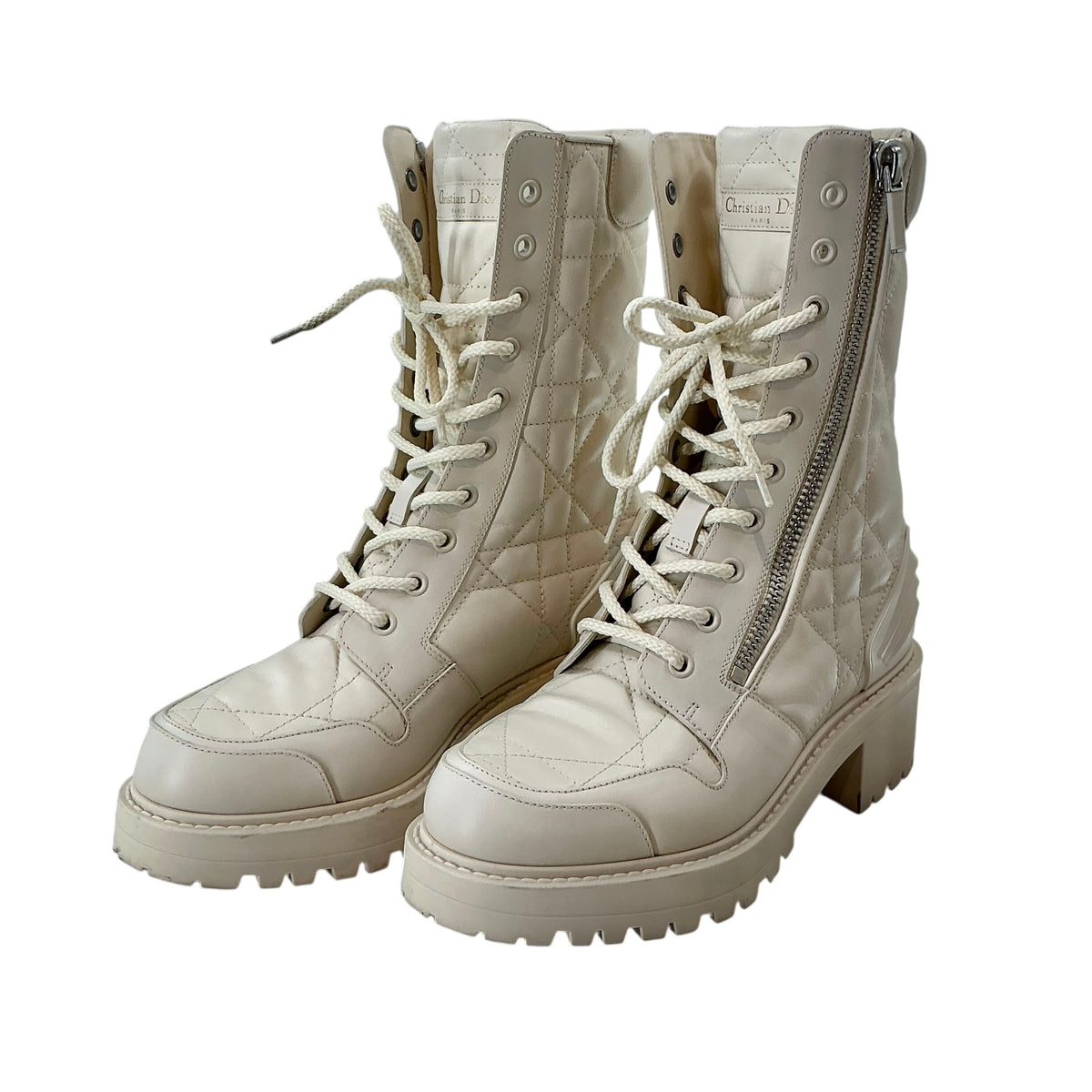 Christian Dior D-Leader Off-White Quilted Leather Ankle Biker Boots