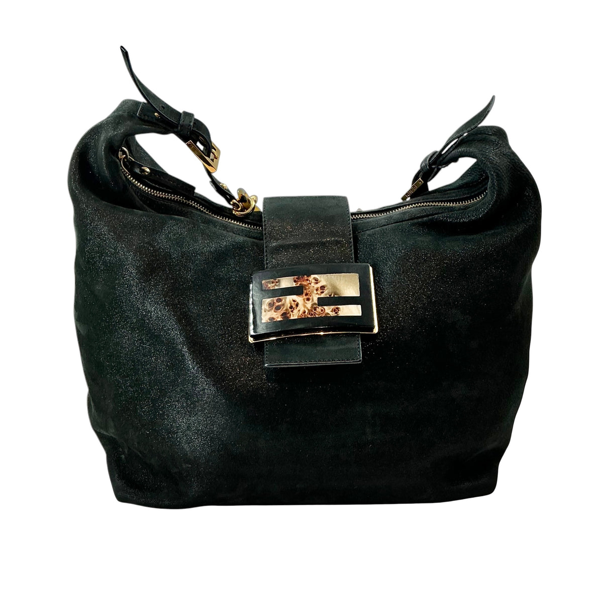 Fendi Black Suede Forever Mama Hobo Bag with Tortoiseshell FF Clasp