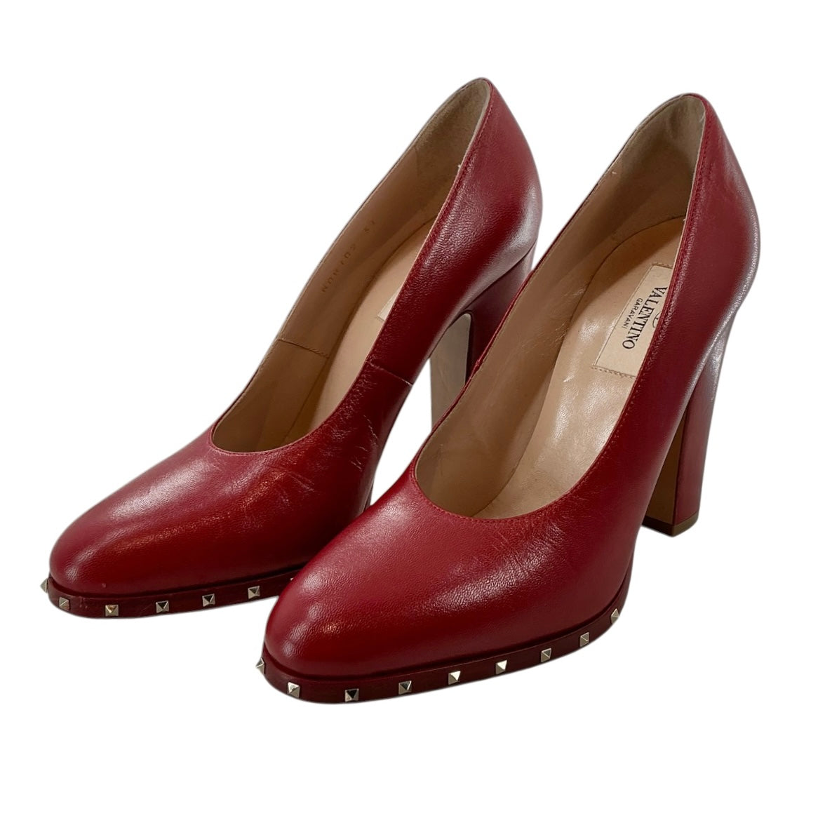 Valentino Garavani Red Leather Soul Rockstud Block Heel Pumps