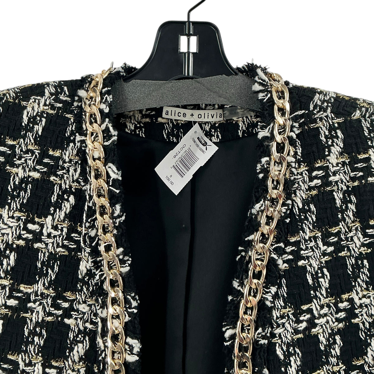 Alice + Olivia Black & White Tweed Chain-Link Accent Cropped Jacket