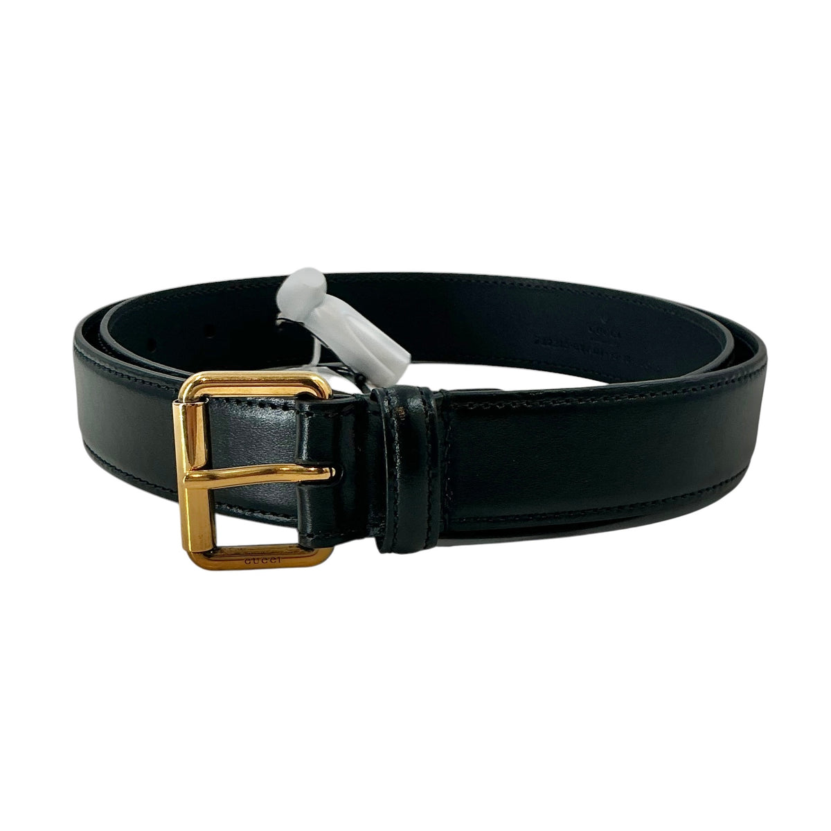 Gucci Smooth Black Leather Belt with Gold Buckle