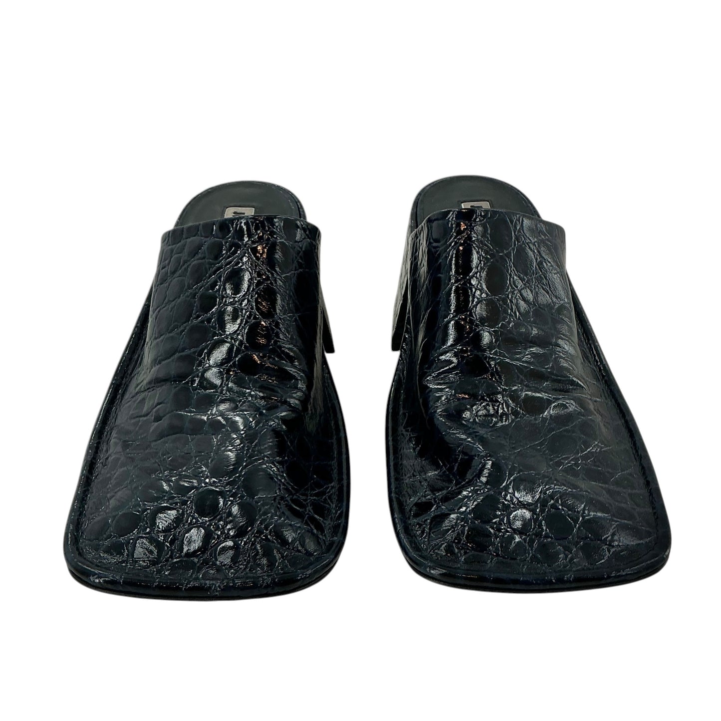 Jil Sander Navy Blue Croc-Embossed Leather Square-Toe Mules