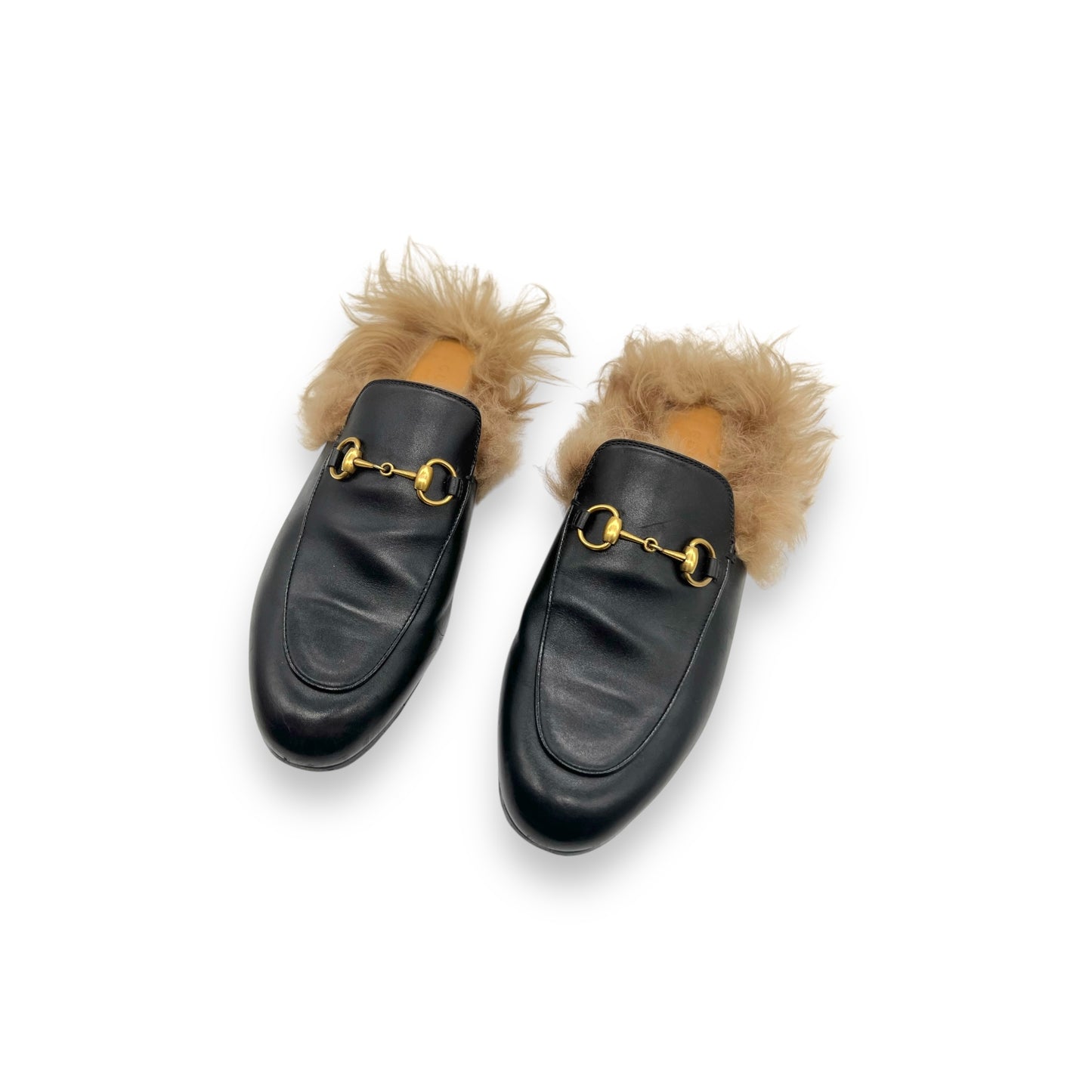 Gucci Black Leather Fur Horsebit Princetown Flat Mules