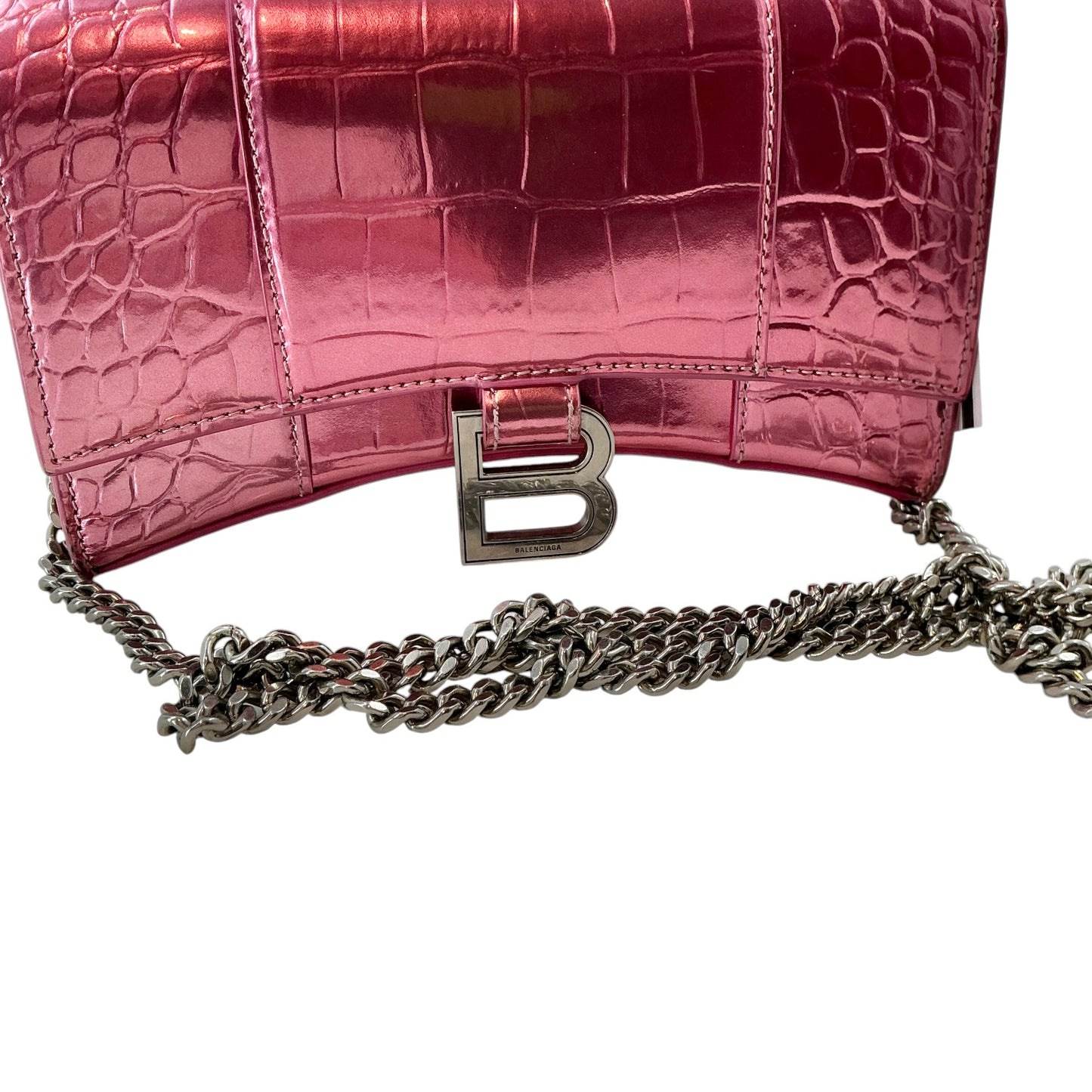 Balenciaga Hourglass Chain Wallet – Metallic Pink Crocodile-Embossed Leather