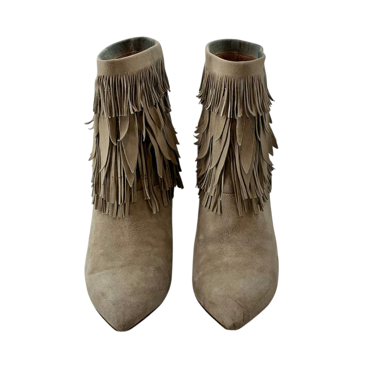 Aquazzura Sasha Tiered Leaf Fringe Suede Stiletto Booties Size