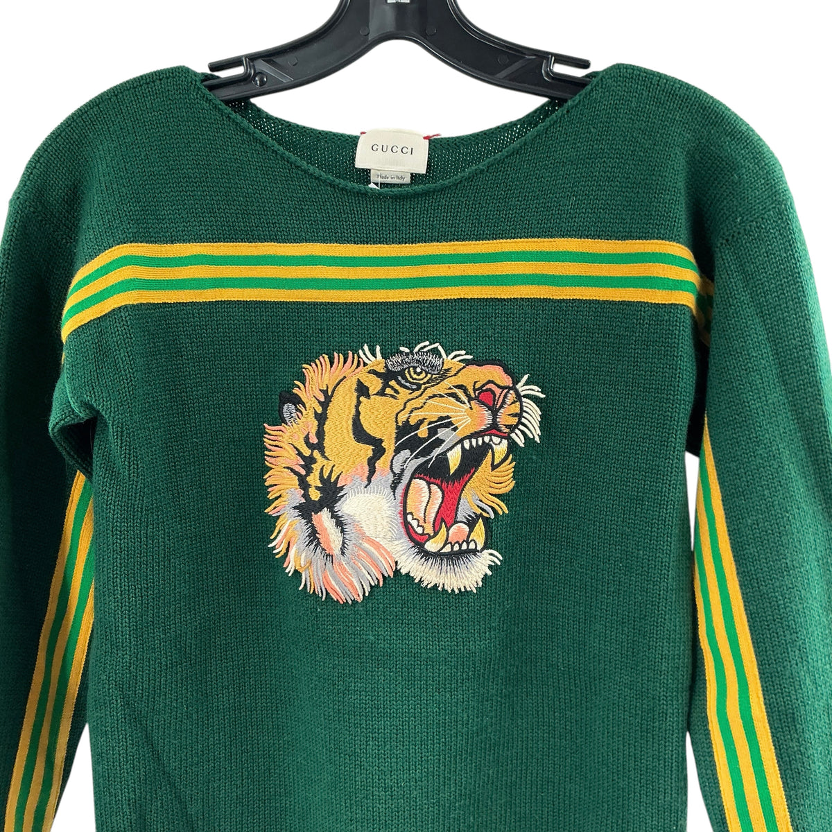 Gucci Green Knit Tiger Head Appliqué Sweater