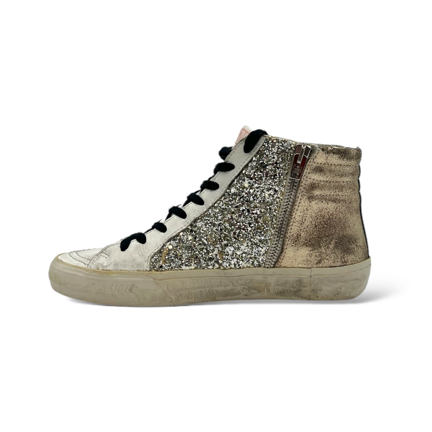 Golden Goose Slide Distressed Suede-Trimmed Leather and Lurex High-Top Women’s Sneakers