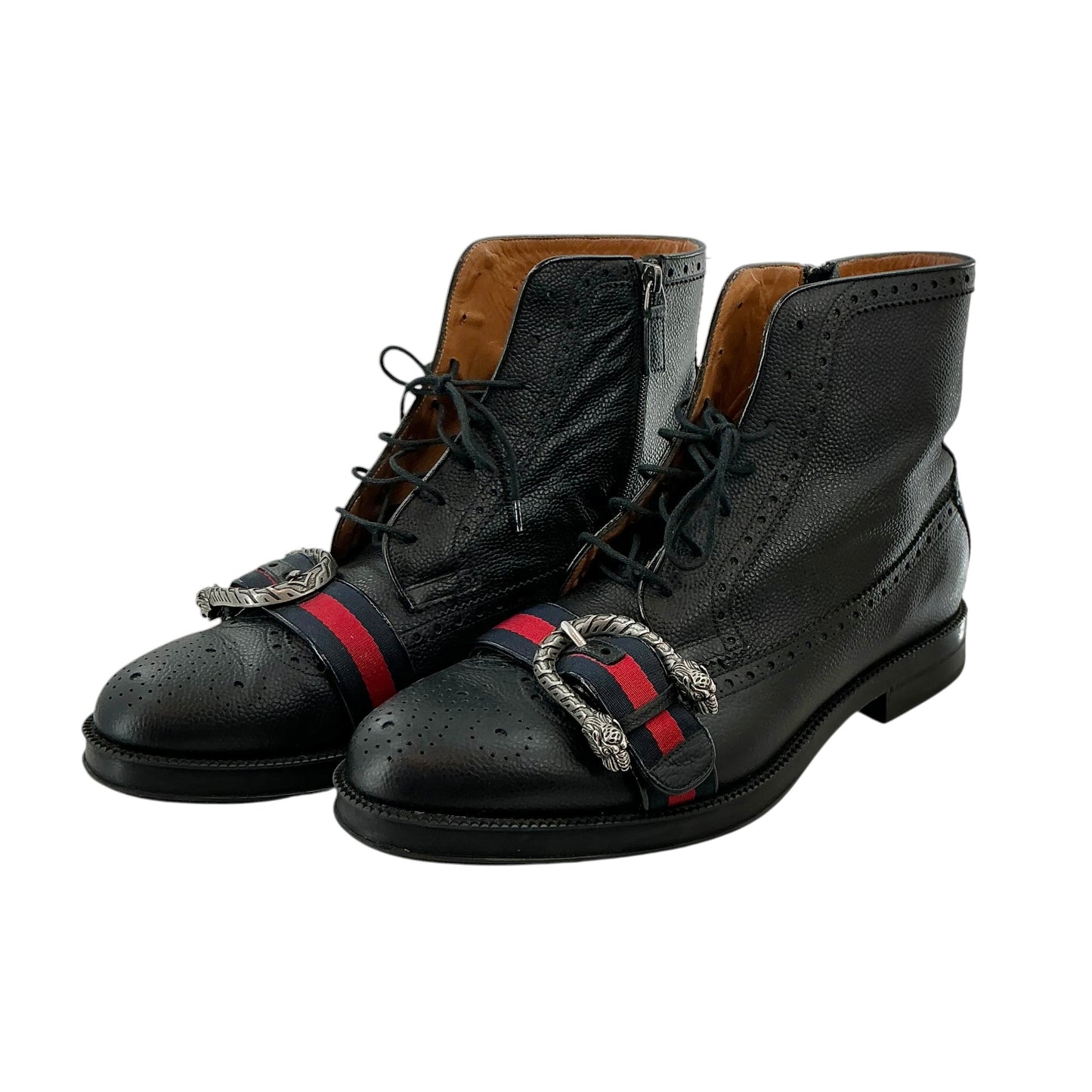 Gucci Men's Dionysus Web Grained Leather Brogue Combat Boots