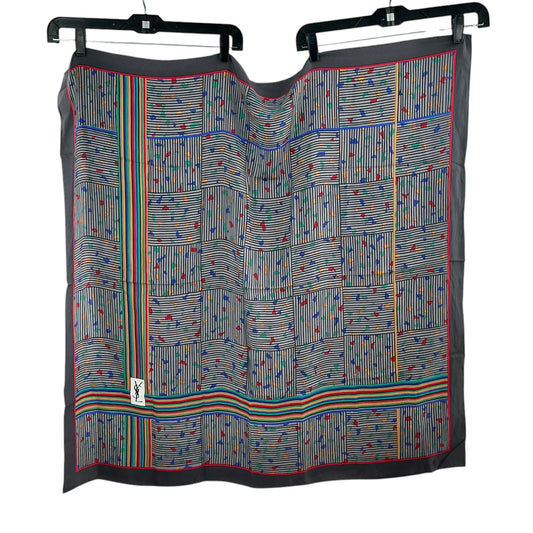 Yves Saint Laurent Vintage Gray Silk Scarf with Multicolor Geometric Stripes