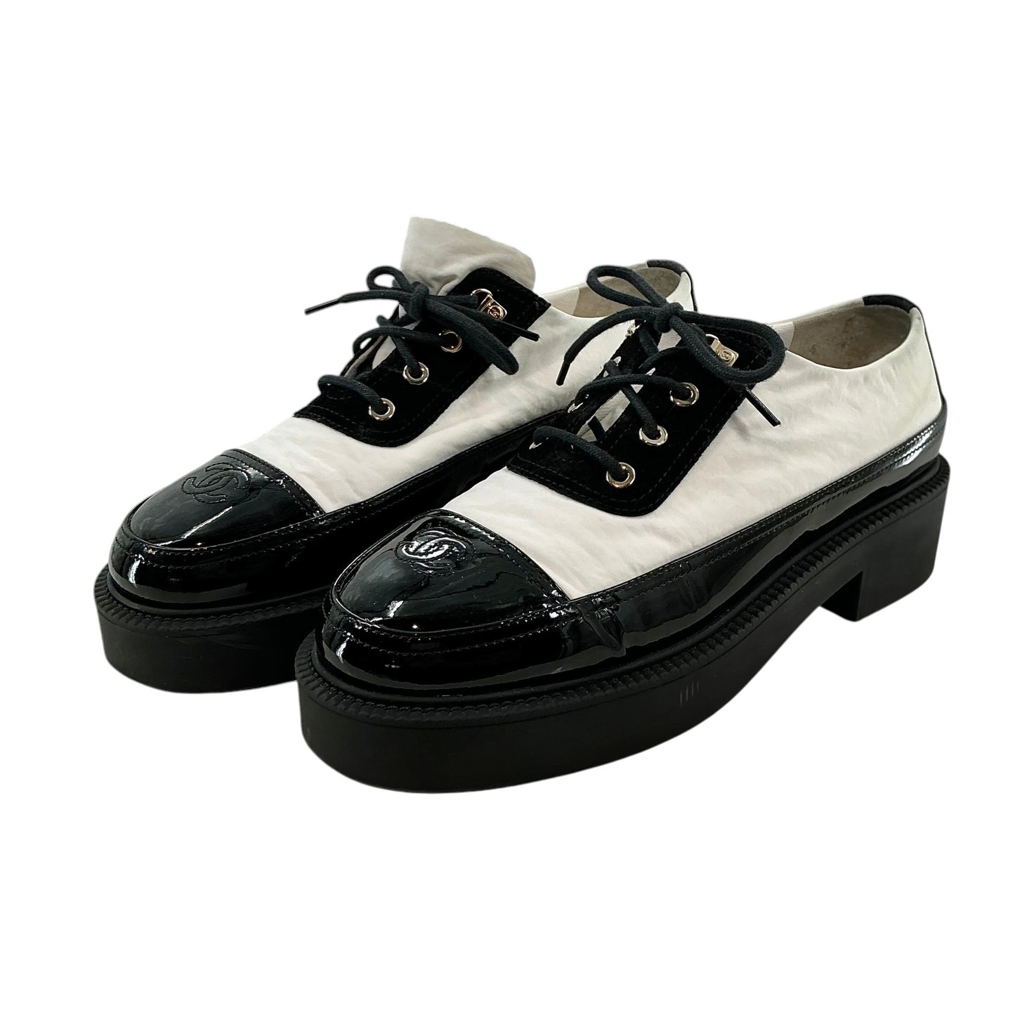 Chanel Black & White Patent Leather Platform Oxford Sneakers