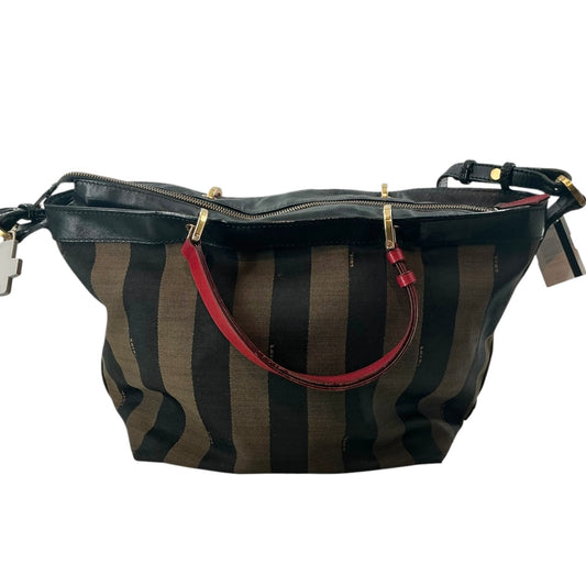 Fendi Tobacco Pequin Striped Canvas & Red Leather Large Tote