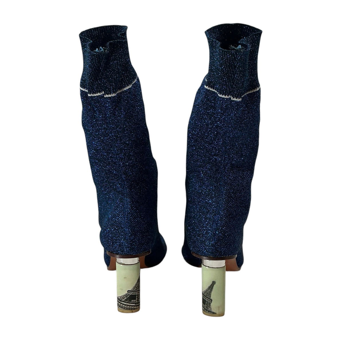 VETEMENTS Lurex Blue Glitter Sock Boots With Eiffel Tower Lighter Heel