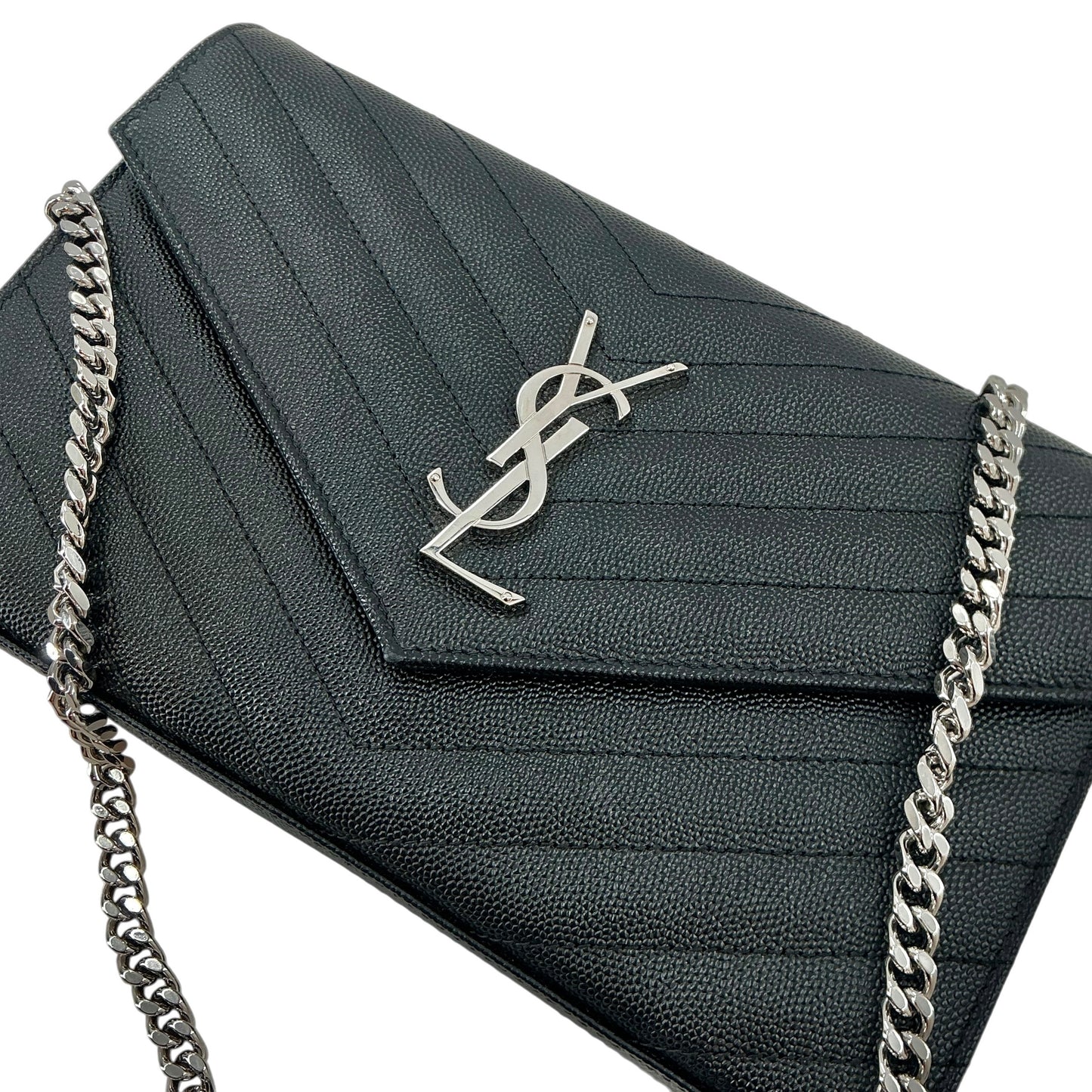 Saint Laurent Cassandre Matelassé Envelope Chain Wallet in Grain de Poudre Leather