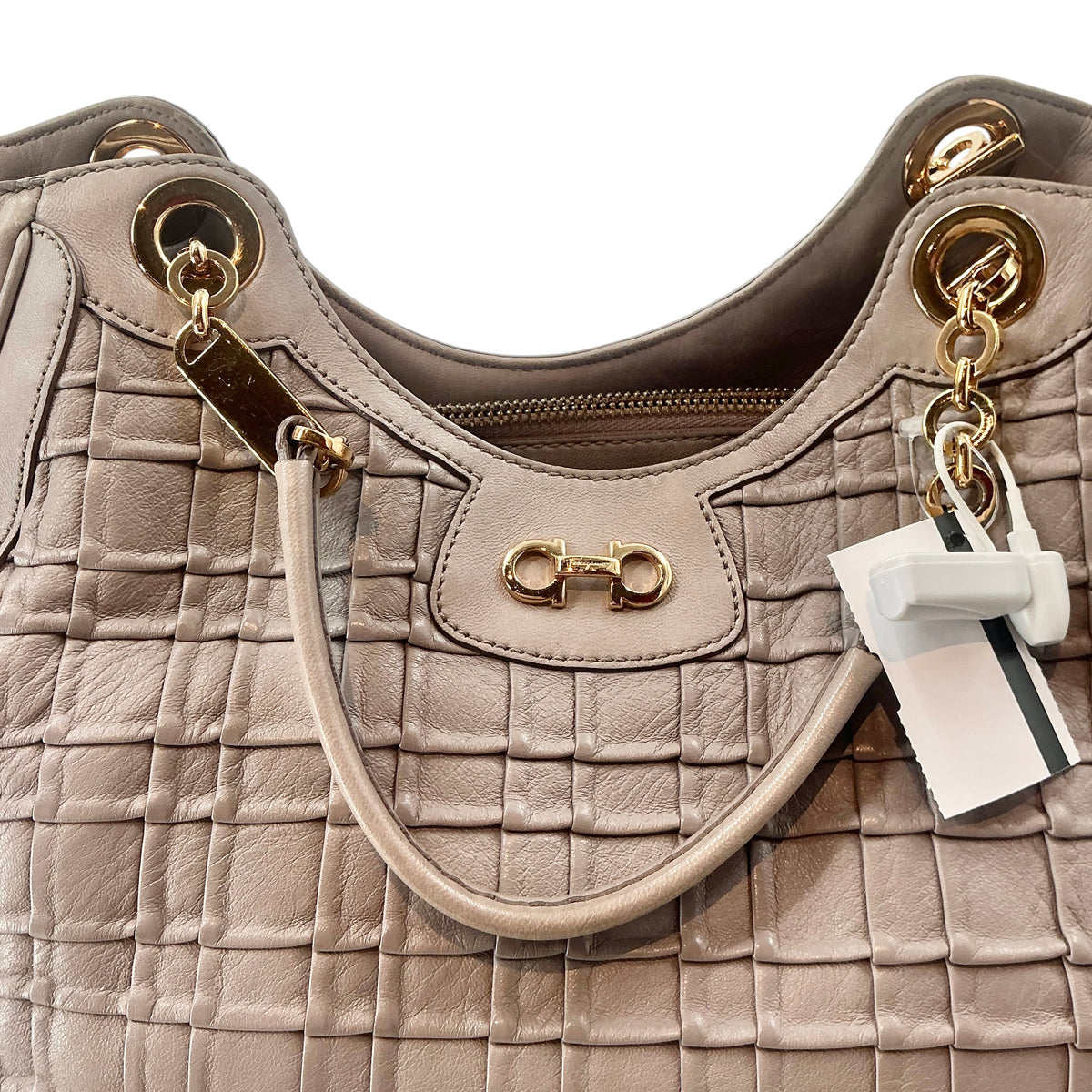 Salvatore Ferragamo Grey Betulla Quilted Basket-Weave Leather Double Gancini Chain Tote Bag