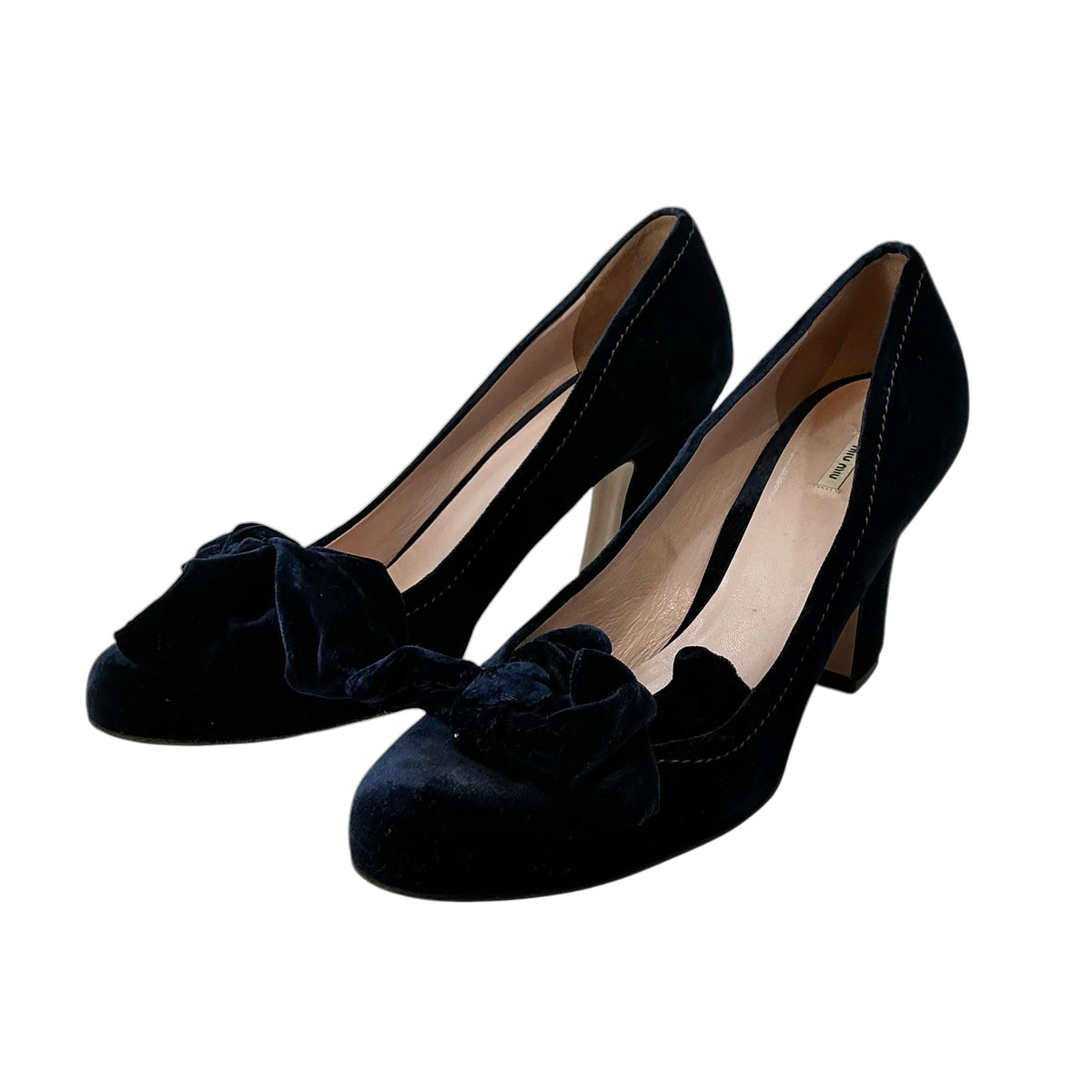 Miu Miu Midnight Blue Velvet Bow Accent Chunky Heel Pumps