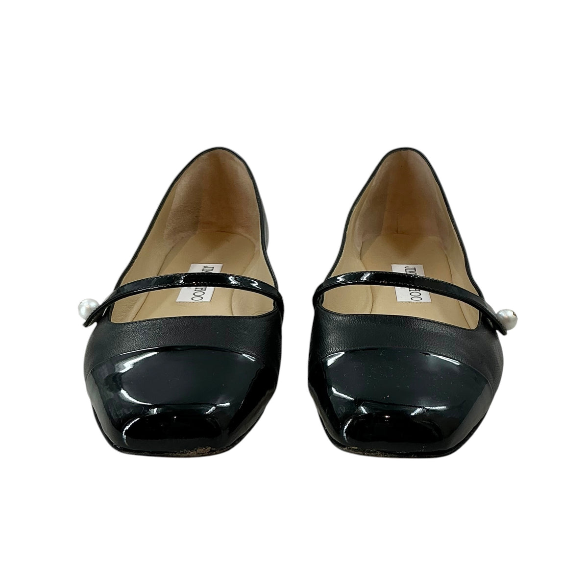 Jimmy Choo Elisa Black Leather & Patent Cap-Toe Mary Jane Ballet Flats