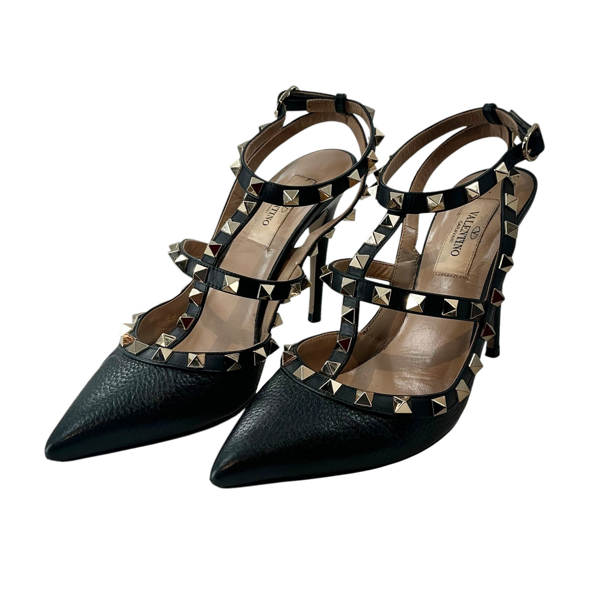 Valentino Garavani Rockstud Caged Leather Ankle Strap Pumps Black