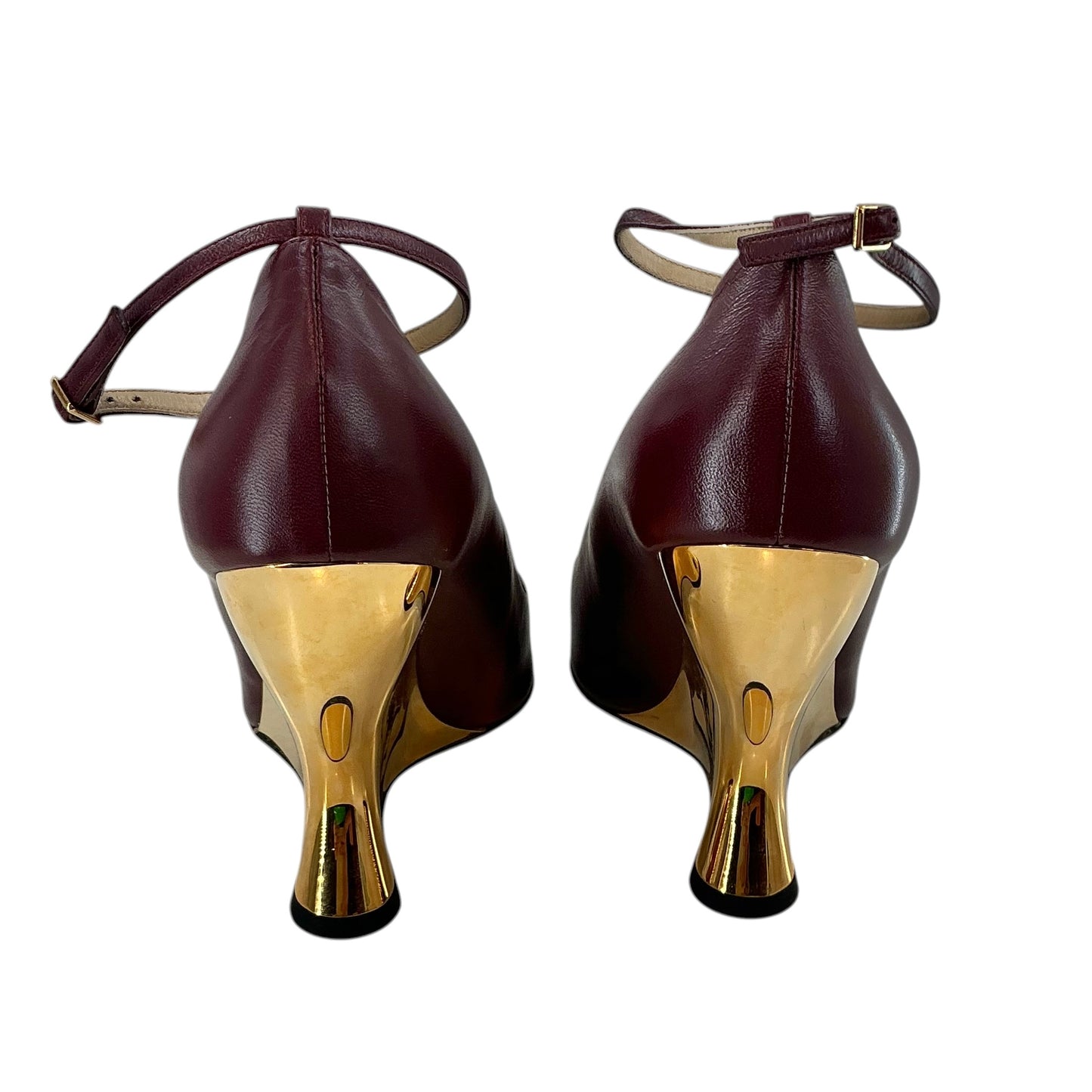 Bottega Veneta Punta T-Bar Wedge Pumps Burgundy Gold Metallic Heel