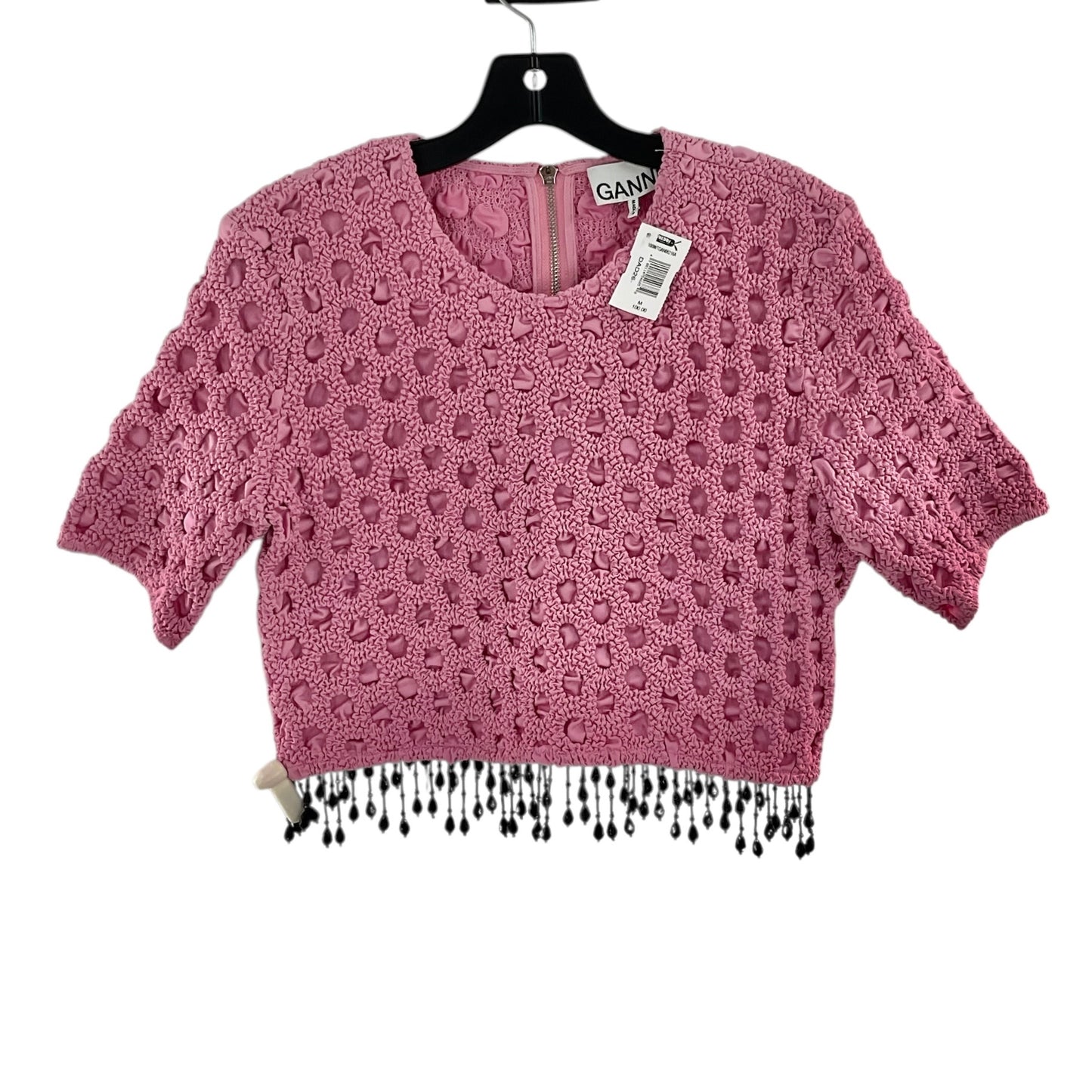 GANNI Smocked Satin Beaded Fringe Crop Top