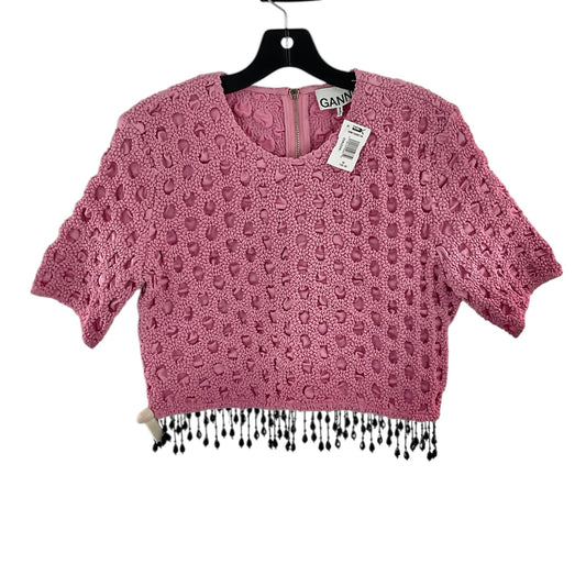 GANNI Smocked Satin Beaded Fringe Crop Top