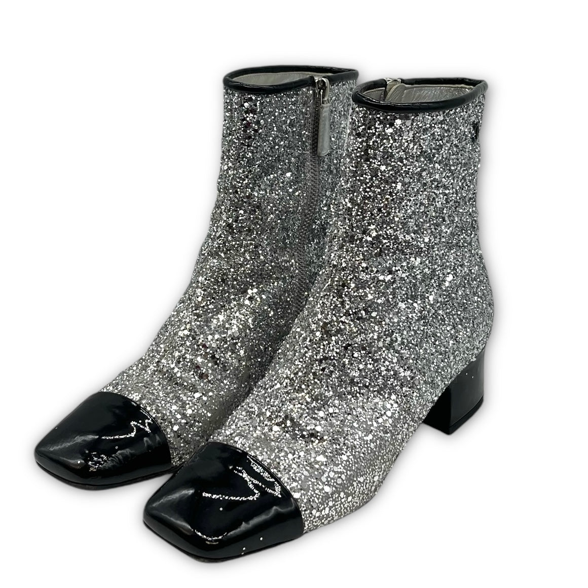 Chanel Glitter Patent Cap Toe Short Boots