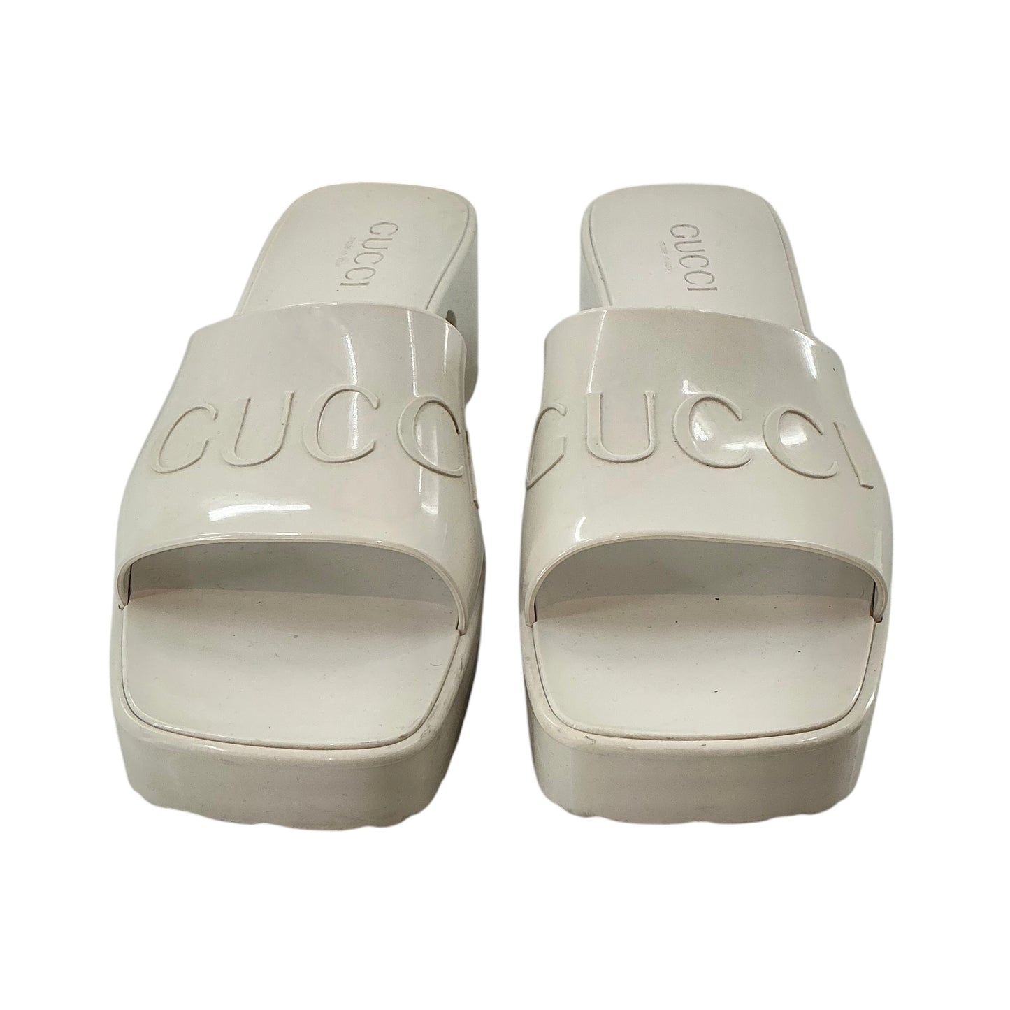 Gucci White Rubber Platform Logo Block Heel Slide Sandals