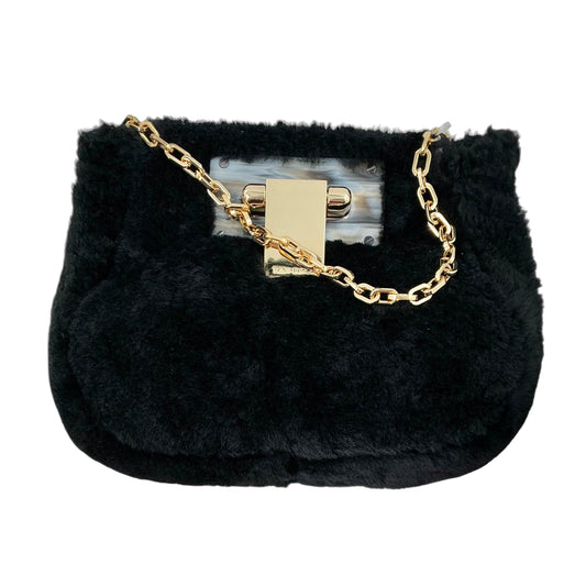 Tory Burch Black Fun Fur Shearling Flip-Lock Clutch Shoulder Bag