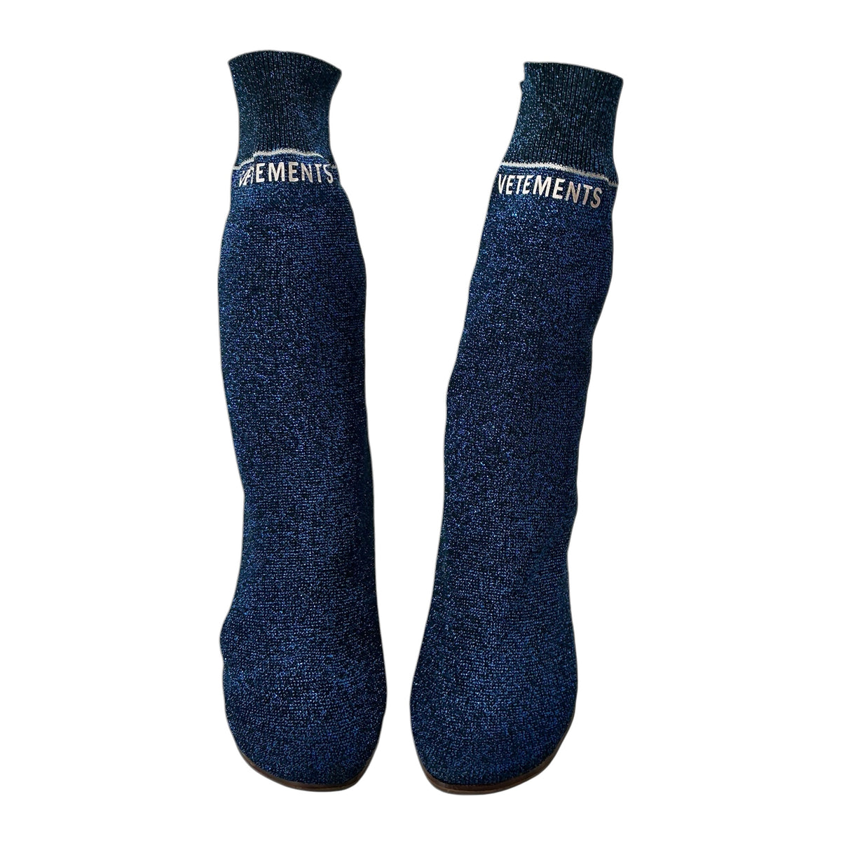 VETEMENTS Lurex Blue Glitter Sock Boots With Eiffel Tower Lighter Heel