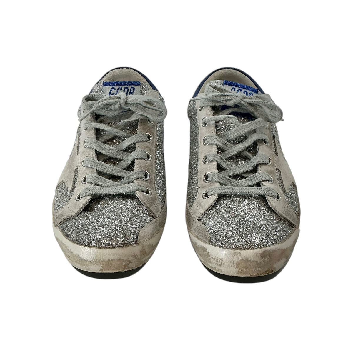 Golden Goose Superstar Silver Glitter Sneakers Blue Leather Heel