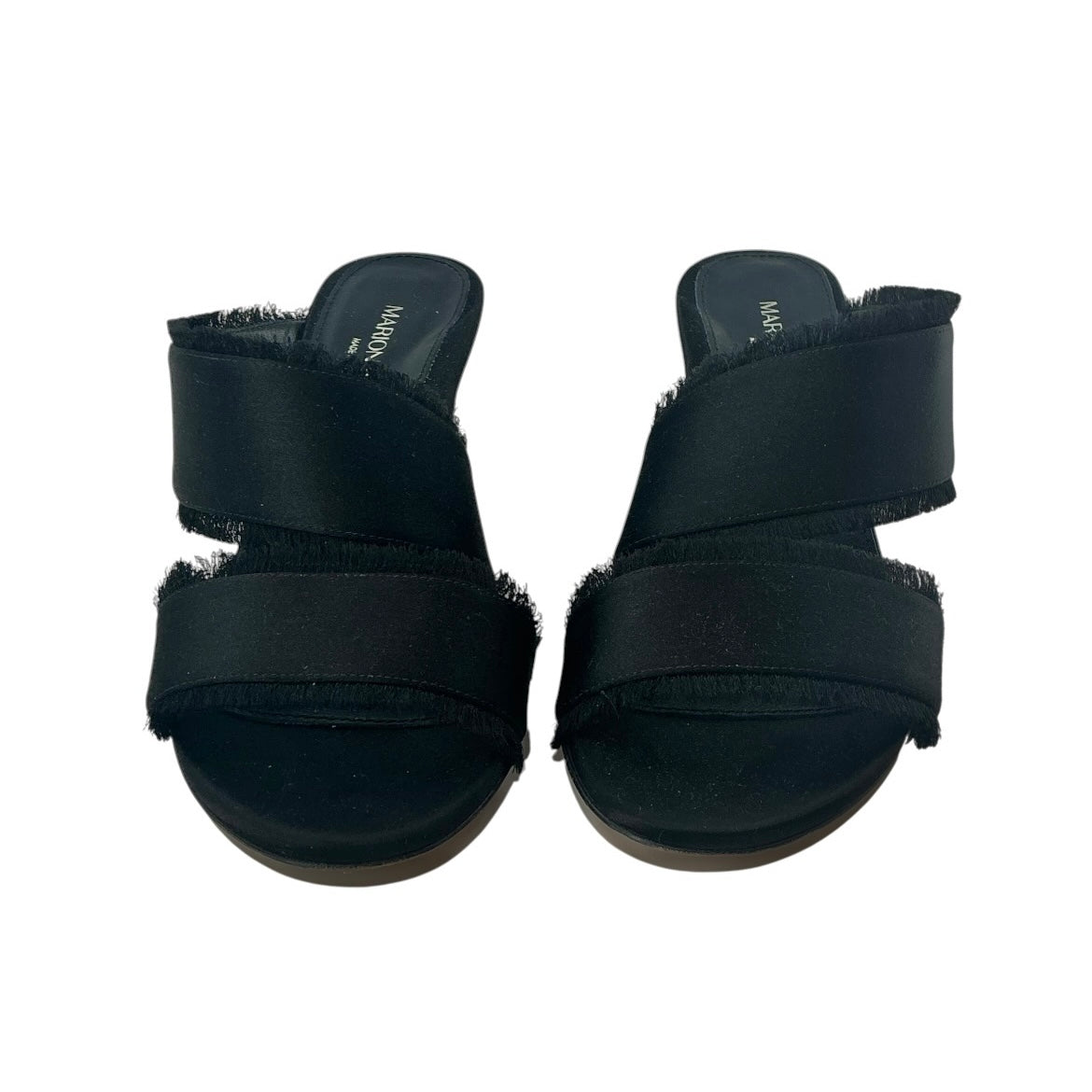 Marion Parke Black Satin Fringe Kitten Heel Mules