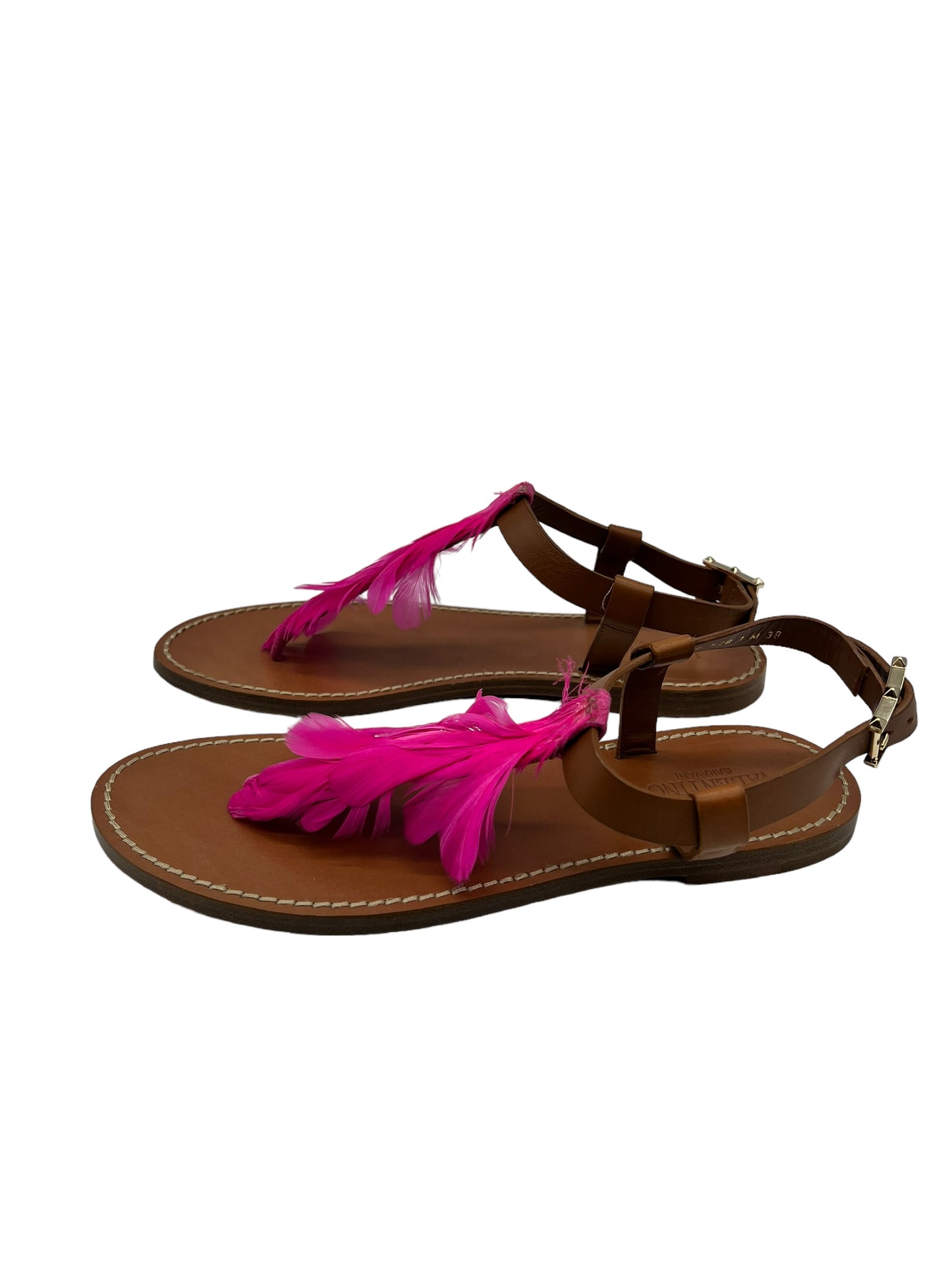 Valentino Brown Leather Slingback Sandals w Hot pink feathers