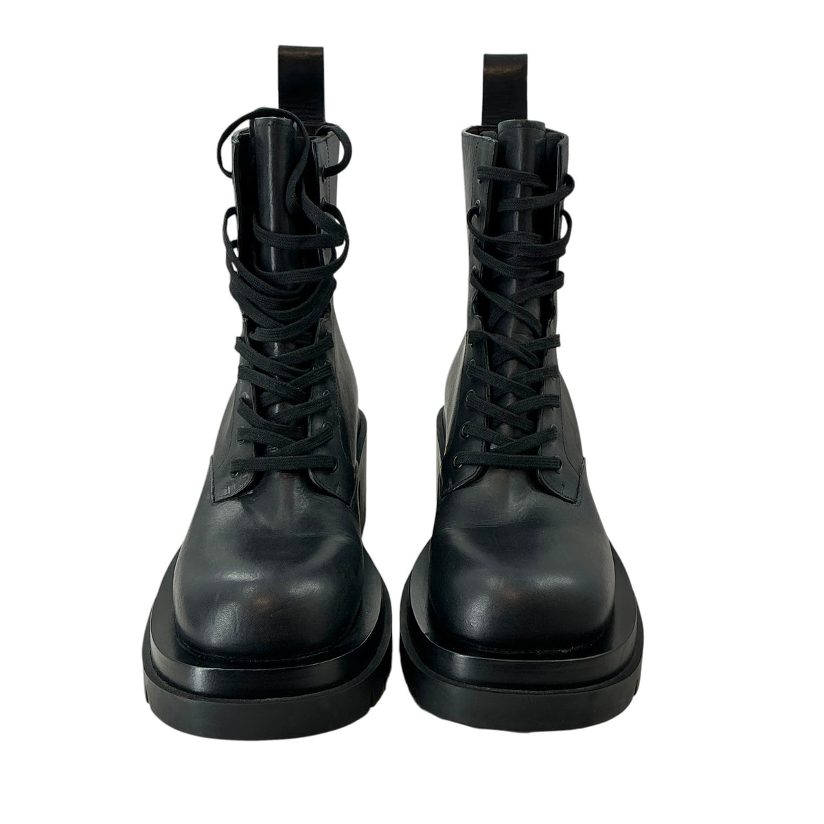Bottega Veneta Black Leather Lug Heeled Lace-Up Combat Boots