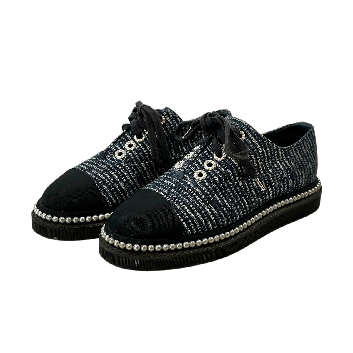 Chanel Navy Tweed & Grosgrain Faux Pearl Derby Oxfords