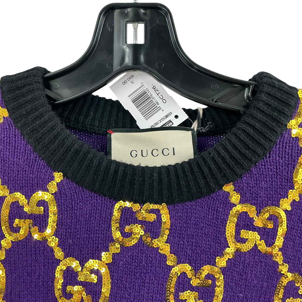 Gucci Black & Purple Sequin GG Monogram Rib-Knit Sweater Dress