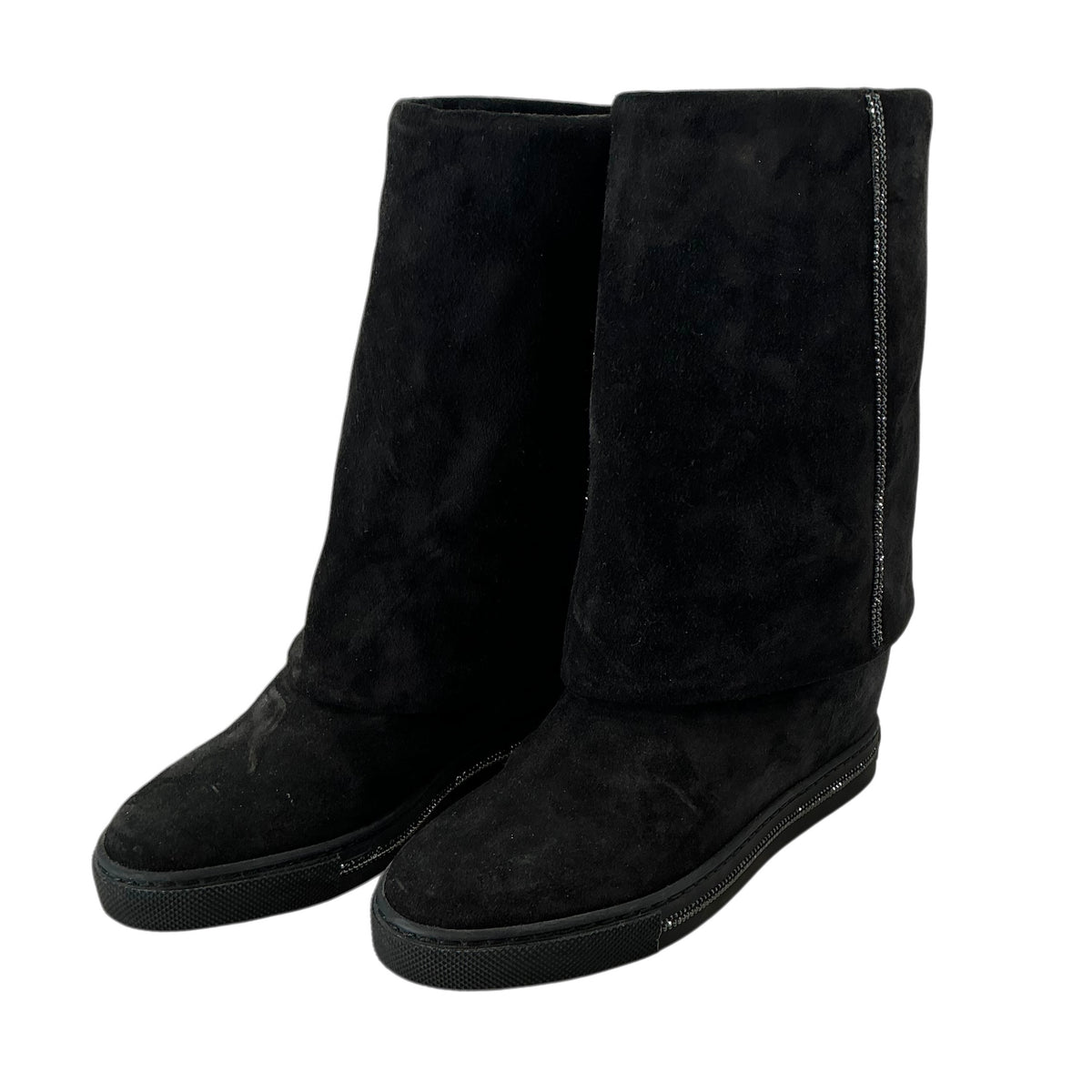 René Caovilla Black Suede Crystal Bead Embellished Concealed Wedge Boots