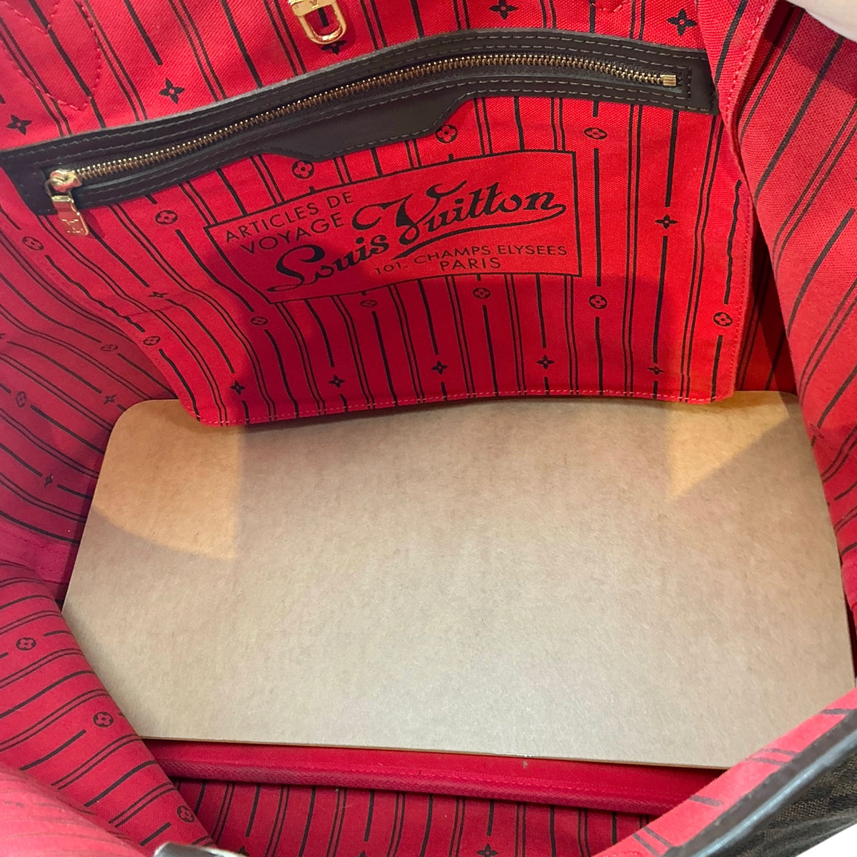 Louis Vuitton Neverfull GM Damier Ebene Tote Bag Brown Red Interior