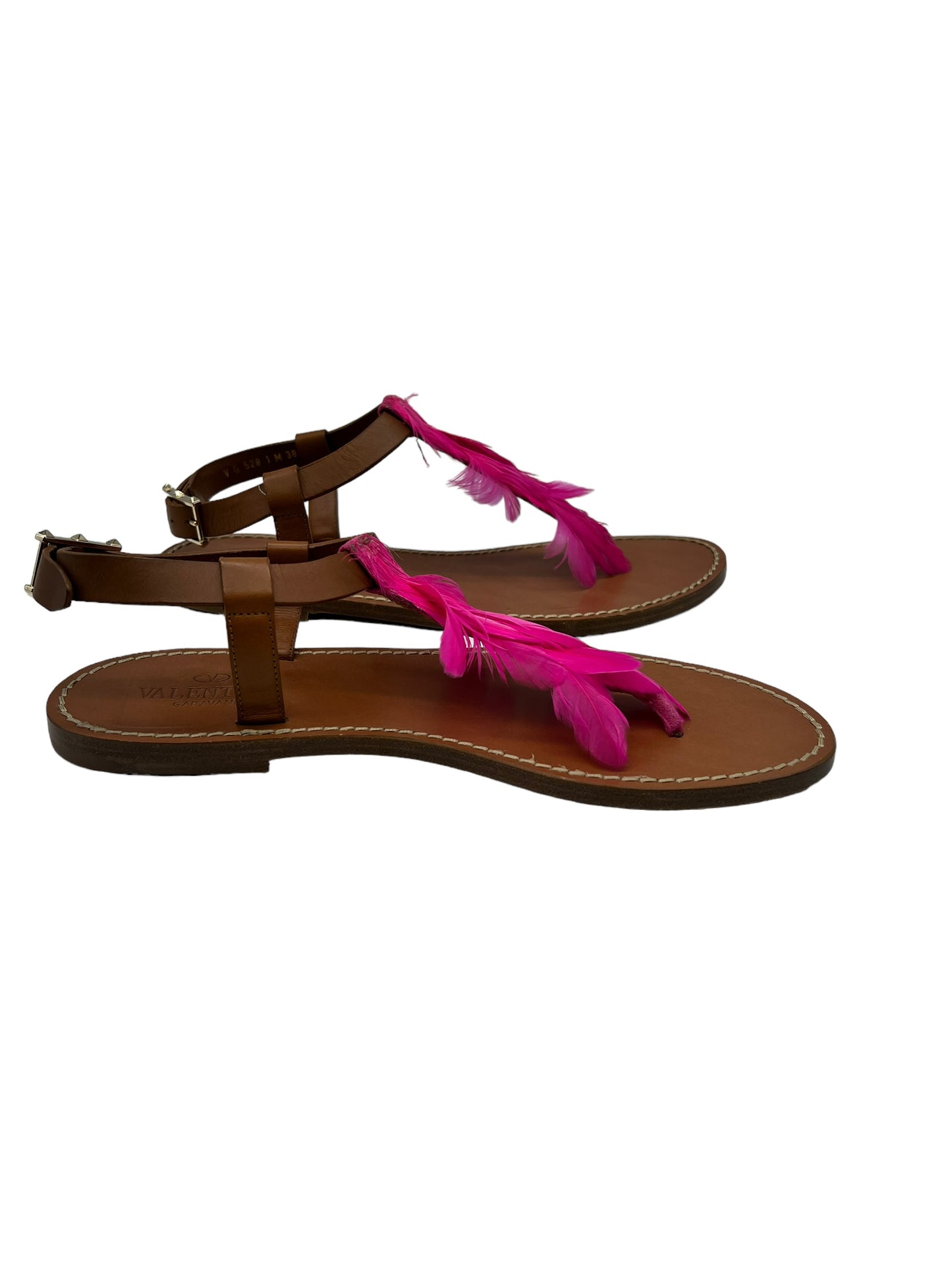 Valentino Brown Leather Slingback Sandals w Hot pink feathers