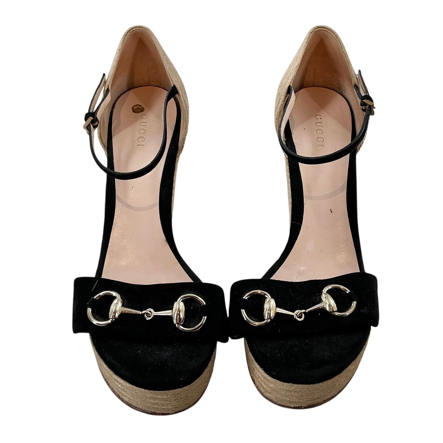 Gucci Horsebit Suede Espadrille Wedge Sandals Black